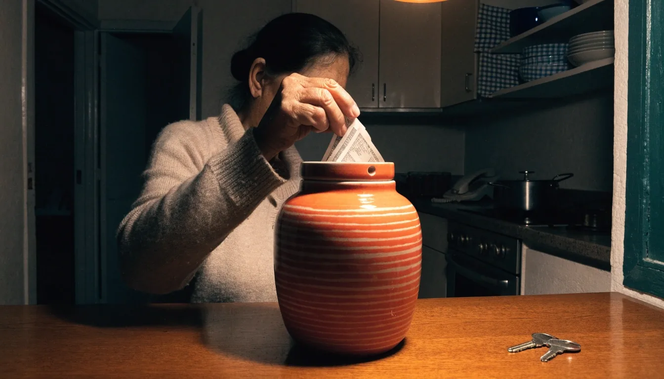 Mesa de cocina por la noche con carpetas cerradas, llavero y lamparita ámbar