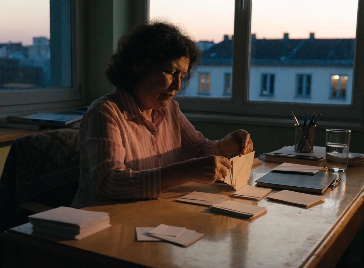 Mujer de unos cincuenta y tantos años ordenando tarjetas y sobres en un escritorio con luz de atardecer