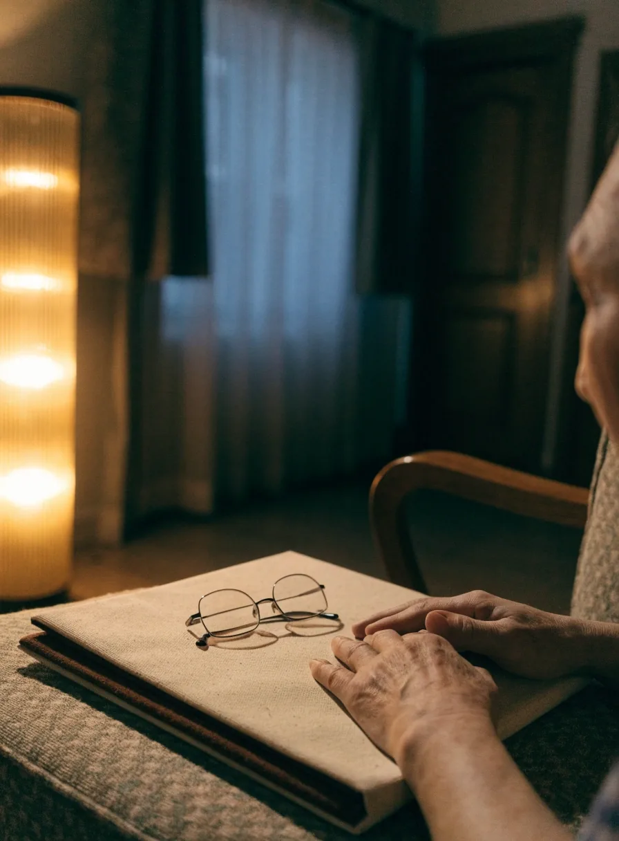 Borde de escritorio de noche con anteojos, lapicera y una carpeta cerrada bajo luz cálida