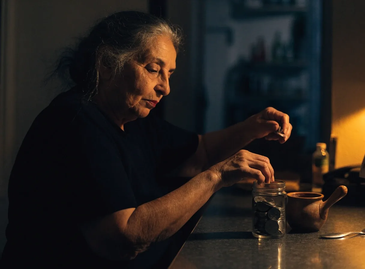 Manos ordenando comprobantes y sobres sobre una mesa de cocina iluminada por una lámpara ámbar
