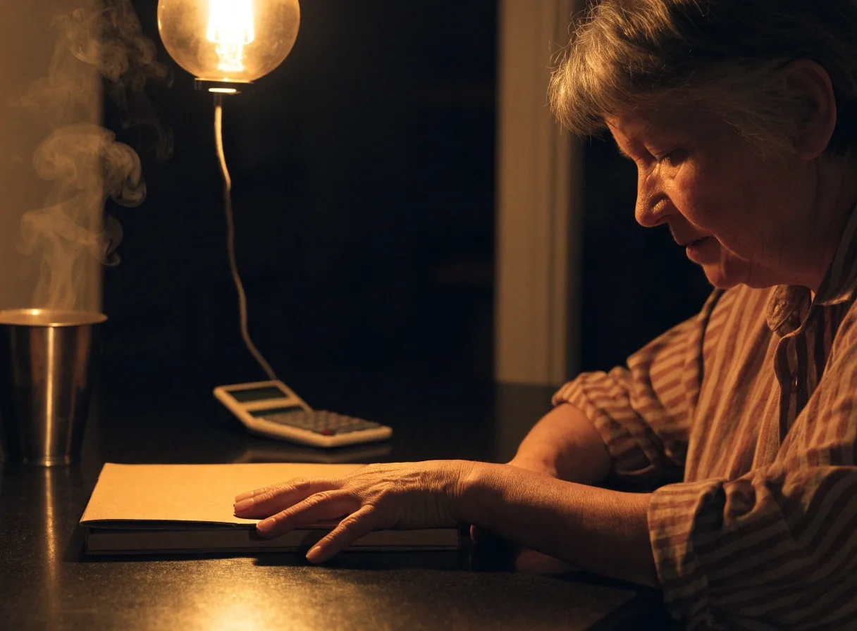 Persona comparando dos documentos impresos bajo una luz cálida en una cocina de noche