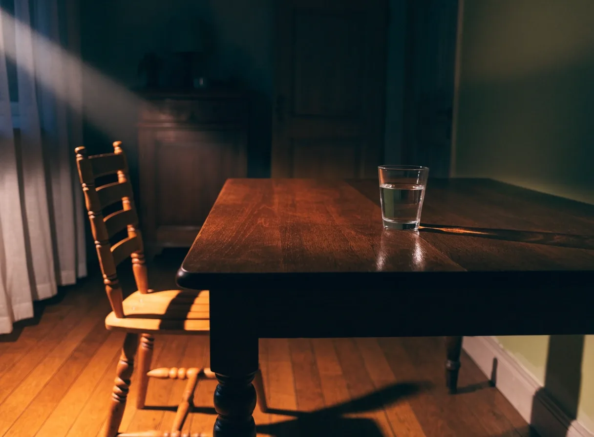 Silla vacía junto a una mesa oscura con un vaso de agua y una carpeta cerrada