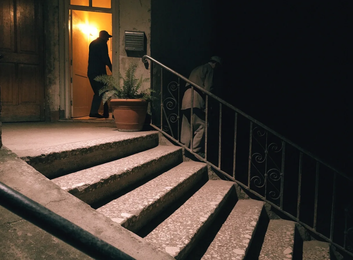 Descanso iluminado de una escalera en un edificio antiguo de Buenos Aires, de noche