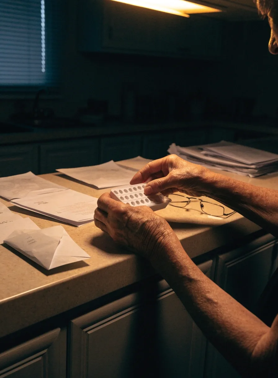 Manos mayores ordenando medicamentos, sobres y anteojos sobre una mesada de cocina de noche