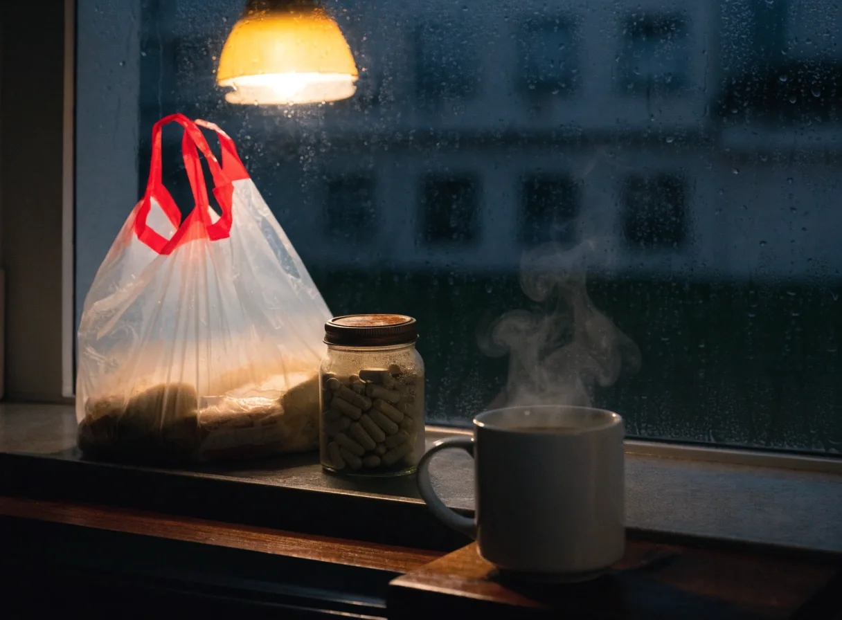 Cocina nocturna con compras, medicamentos y una taza sobre la mesada bajo luz cálida