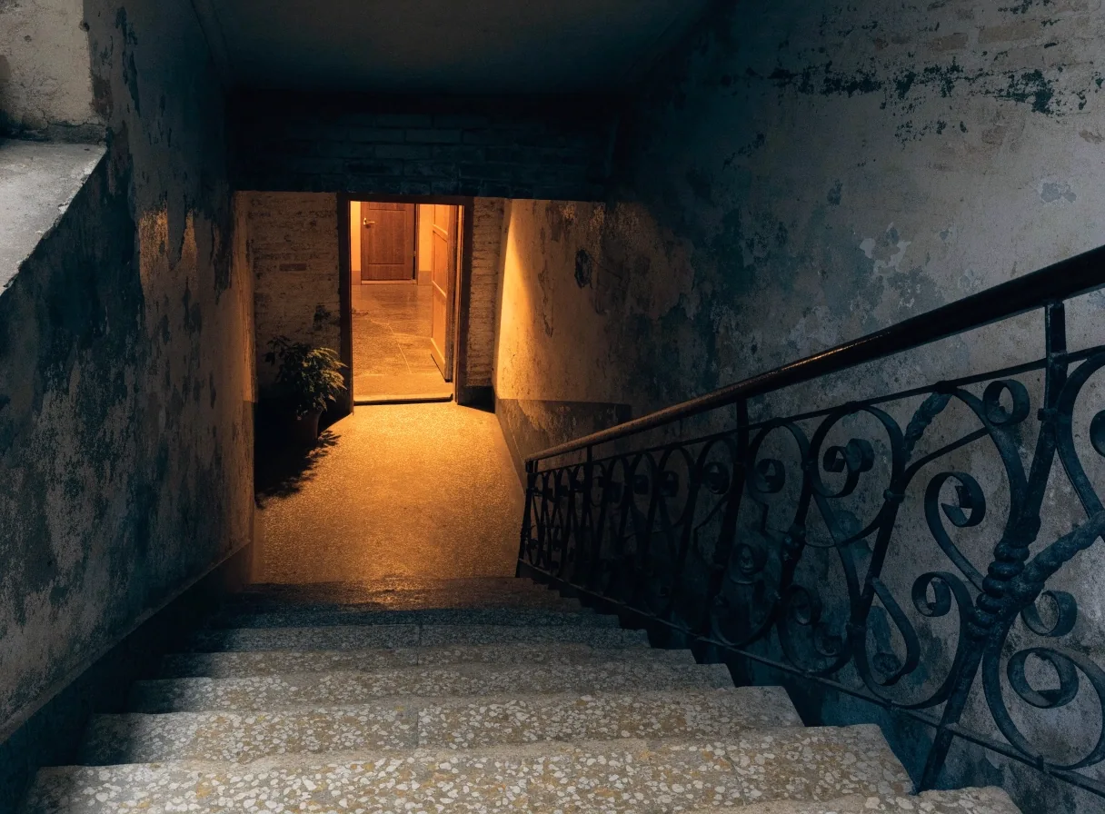 Descansillo de escalera de un edificio porteño de noche con una puerta iluminada