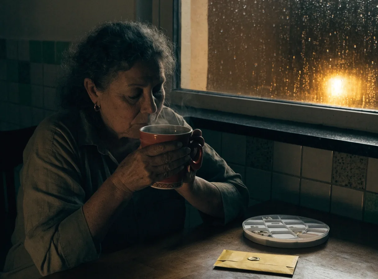 Mesa de cocina de noche con carpetas, sobre y organizador de pastillas junto a una ventana con lluvia
