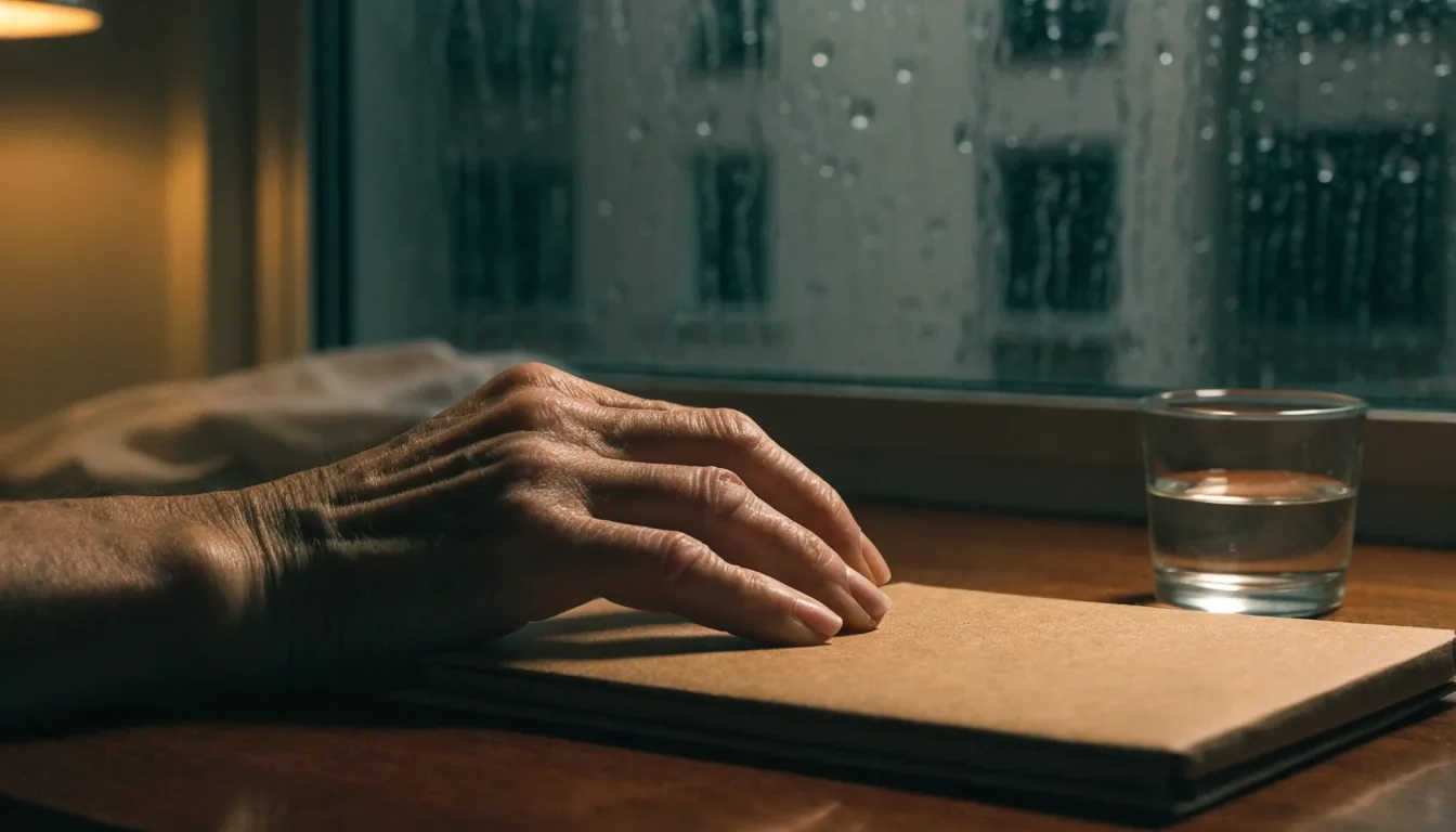 Mano apoyada sobre una mesa de madera oscura junto a una carpeta cerrada y una lámpara encendida