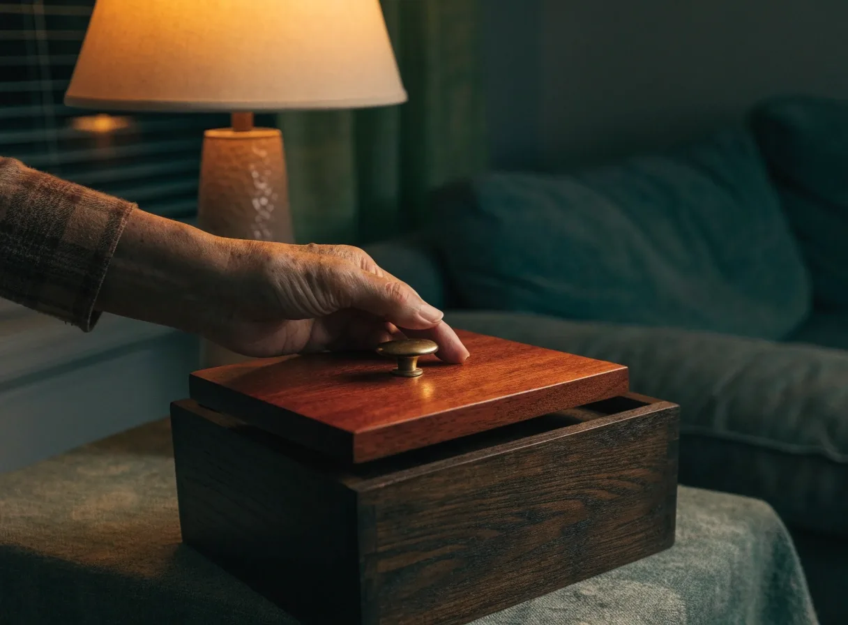Manos cerrando el cajón de un escritorio de madera iluminado por una lámpara