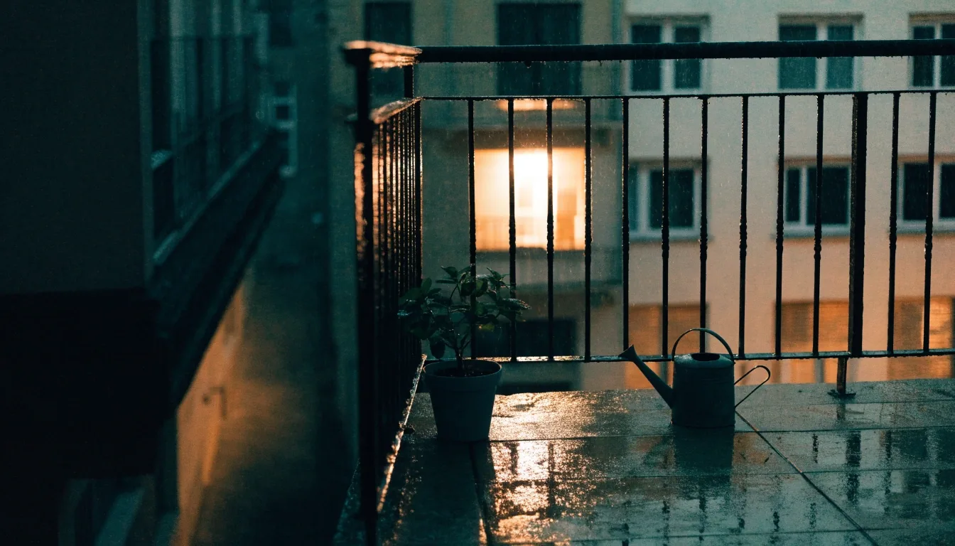 Balcón de un departamento de noche con una regadera y una planta sobre la baranda, luz cálida desde la ventana