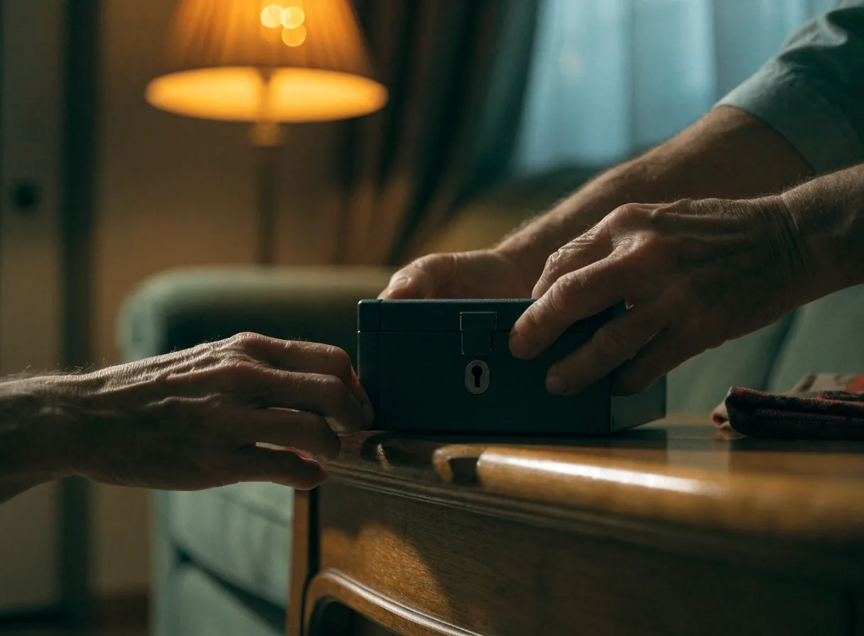 Carpeta cerrada, gafas de lectura y una llave sobre un escritorio de madera iluminado por luz ámbar