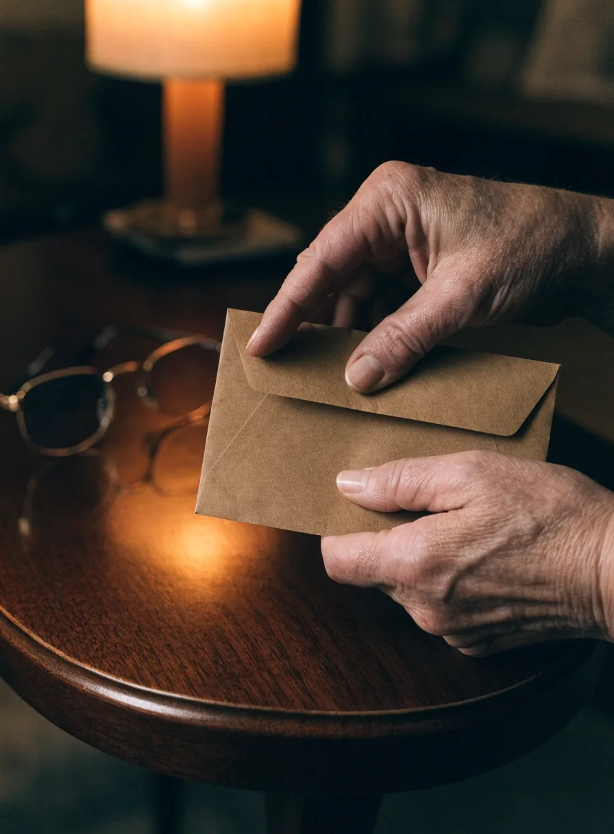 Manos de una persona mayor abriendo un sobre sobre una mesa de madera bajo luz cálida