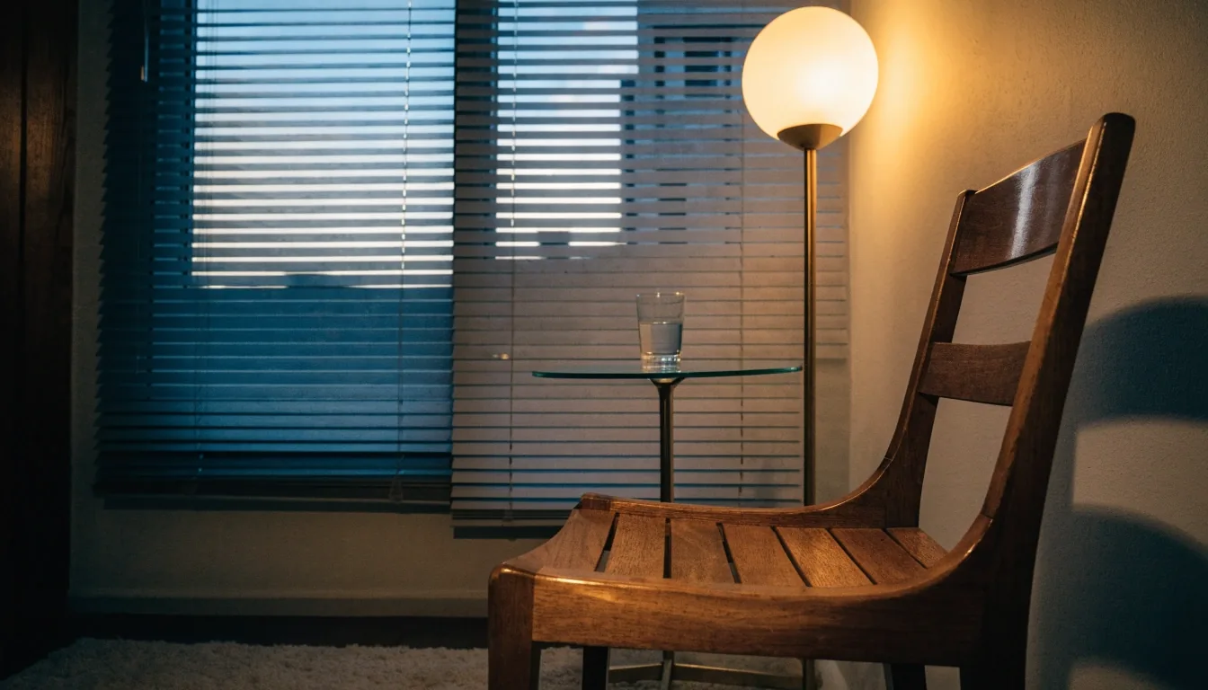 Silla retirada junto a una mesa con una carpeta cerrada y un vaso de agua bajo la luz de una lámpara