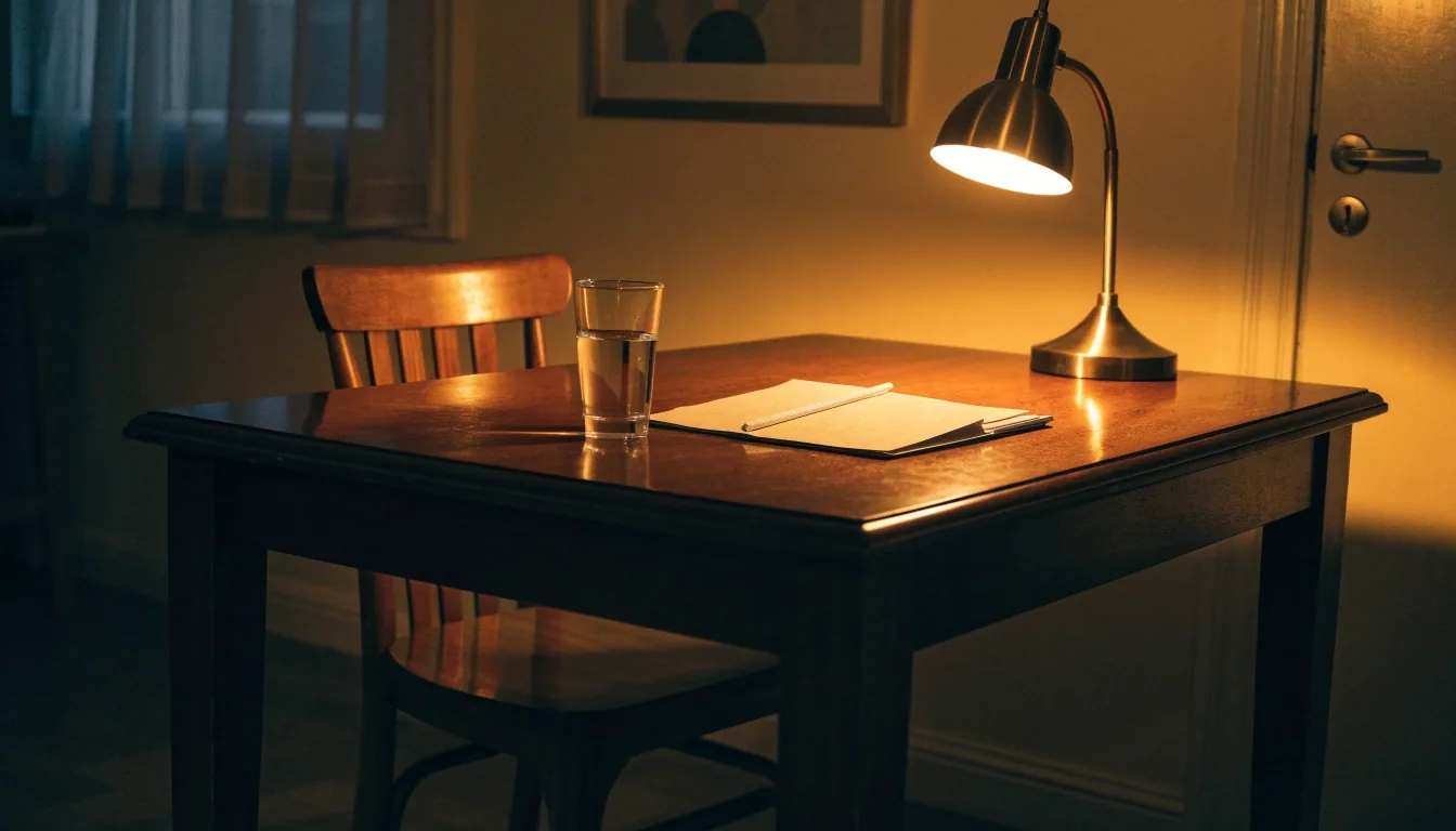 Silla vacía frente a una mesa de comedor con un vaso de agua y una carpeta cerrada bajo una lámpara de luz ámbar