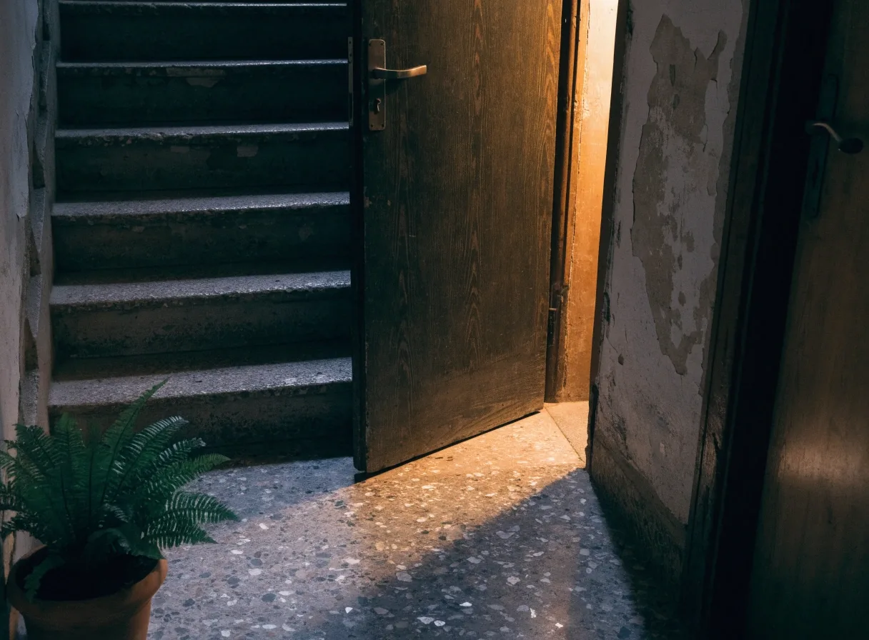 Descansillo de escalera de un edificio antiguo de Buenos Aires por la noche, con luz ámbar saliendo por una puerta entreabierta
